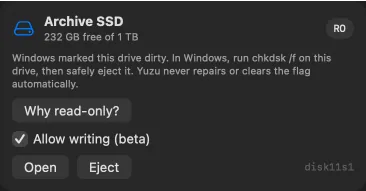 Archive SSD is read-only because Windows marked it dirty, with chkdsk /f recovery advice.