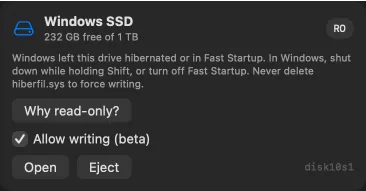 Windows SSD remains read-only despite writing opt-in because Windows hibernation or Fast Startup was detected.