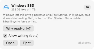 Windows SSD remains read-only despite writing opt-in because Windows hibernation or Fast Startup was detected.