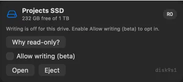 Projects SSD is read-only, with its Allow writing beta switch off and an explanation of opt-in.