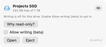 Projects SSD is read-only, with its Allow writing beta switch off and an explanation of opt-in.