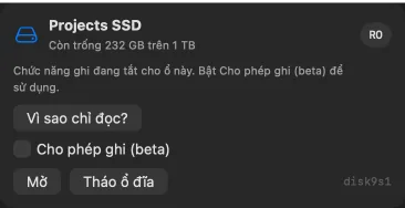 Projects SSD chỉ đọc, công tắc Cho phép ghi beta đang tắt cùng giải thích về việc tự bật ghi.