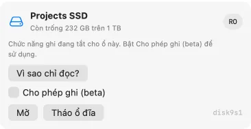 Projects SSD chỉ đọc, công tắc Cho phép ghi beta đang tắt cùng giải thích về việc tự bật ghi.