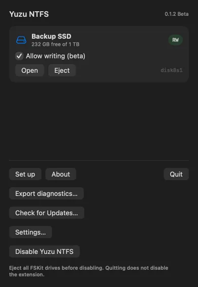 Yuzu NTFS menu showing Backup SSD in RW mode with Allow writing enabled.