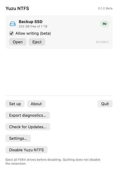 Yuzu NTFS menu showing Backup SSD in RW mode with Allow writing enabled.