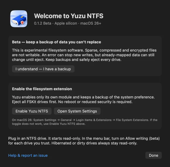 Yuzu NTFS setup with its beta backup notice, acknowledgement button, Enable Yuzu NTFS and Open System Settings.