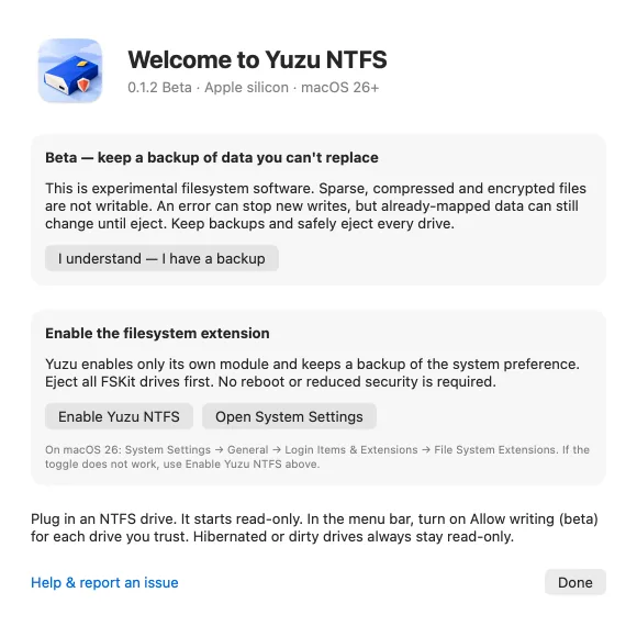 Yuzu NTFS setup with its beta backup notice, acknowledgement button, Enable Yuzu NTFS and Open System Settings.
