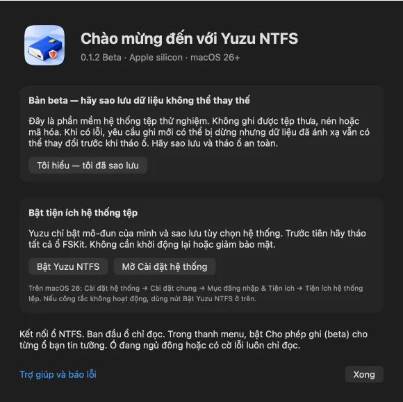 Thiết lập Yuzu NTFS với thông báo sao lưu beta, nút xác nhận, Bật Yuzu NTFS và Mở Cài đặt hệ thống.