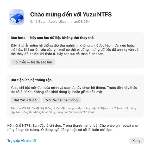 Thiết lập Yuzu NTFS với thông báo sao lưu beta, nút xác nhận, Bật Yuzu NTFS và Mở Cài đặt hệ thống.