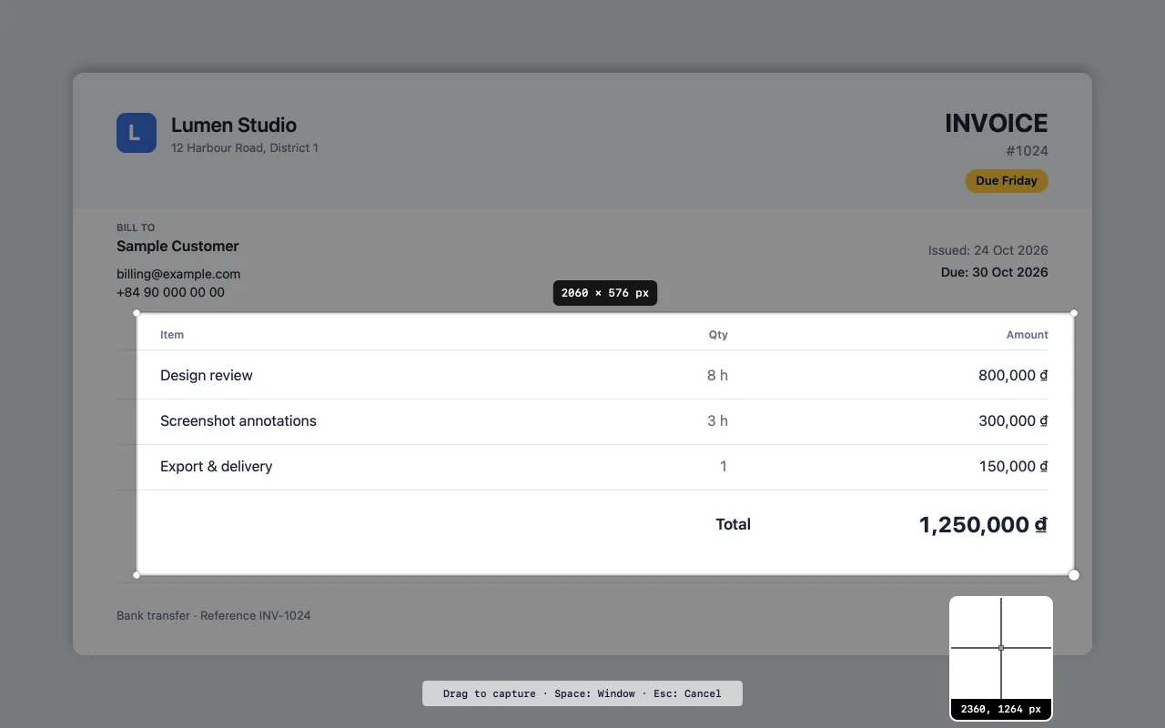 Yuzu Shot area capture: a selection over a sample invoice with its pixel size, a magnifier loupe and capture hints