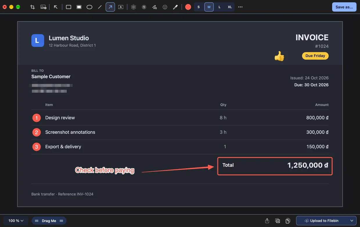 Yuzu Shot editor: a sample invoice marked up with numbered steps, a box and arrow on the total, a text label, a mosaic over contact details and an emoji