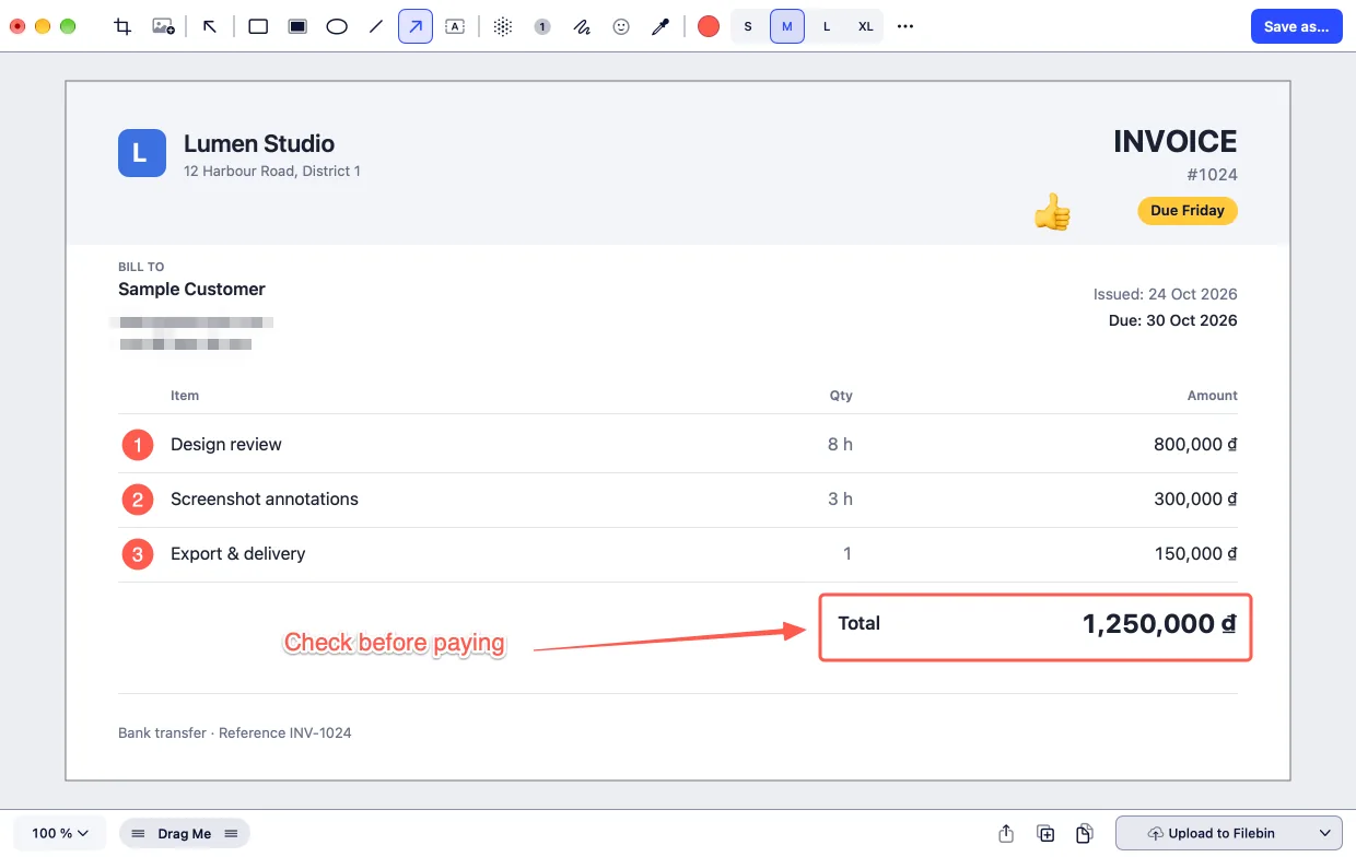 Yuzu Shot editor: a sample invoice marked up with numbered steps, a box and arrow on the total, a text label, a mosaic over contact details and an emoji