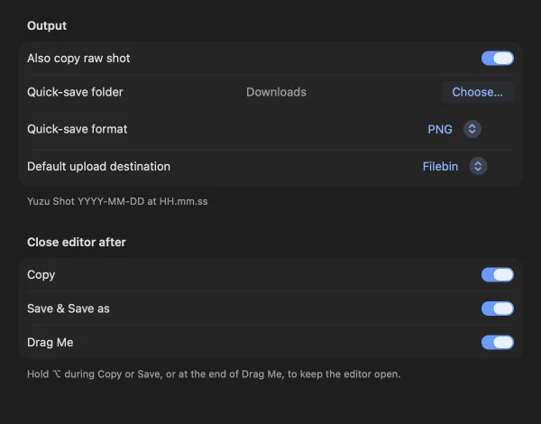 Yuzu Shot Output settings: copy raw shot, quick-save folder and format, upload destination and close-after options