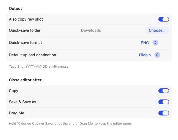 Yuzu Shot Output settings: copy raw shot, quick-save folder and format, upload destination and close-after options