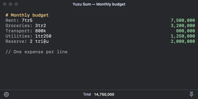 Monthly expense sheet using Vietnamese money words, labels and engine-computed total of 14,750,000.