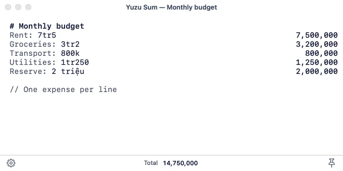 Monthly expense sheet using Vietnamese money words, labels and engine-computed total of 14,750,000.