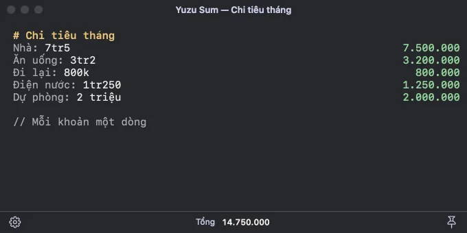 Trang chi tiêu dùng số tiền kiểu Việt, nhãn dòng và tổng 14.750.000 do engine tính.