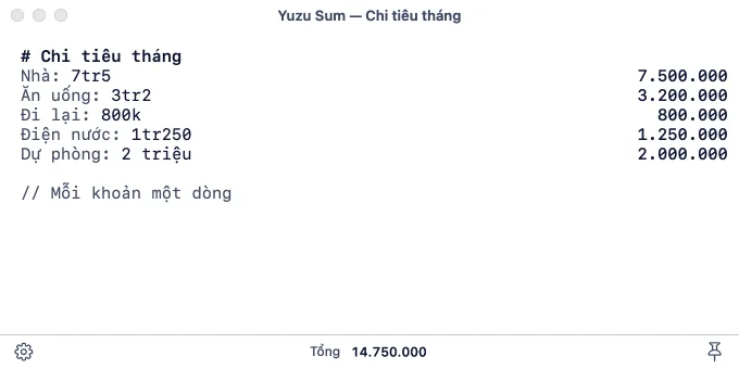Trang chi tiêu dùng số tiền kiểu Việt, nhãn dòng và tổng 14.750.000 do engine tính.