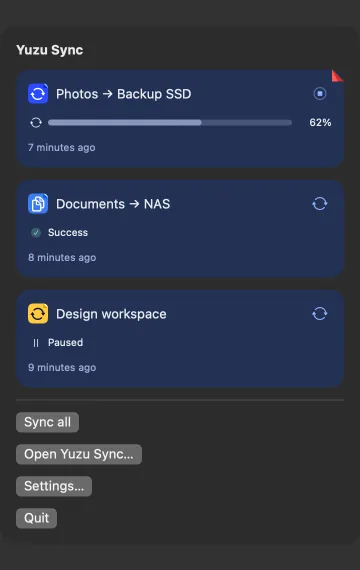 Yuzu Sync menu-bar popover shows an active photo transfer, a Copy job, a paused Two-way job and Sync all.