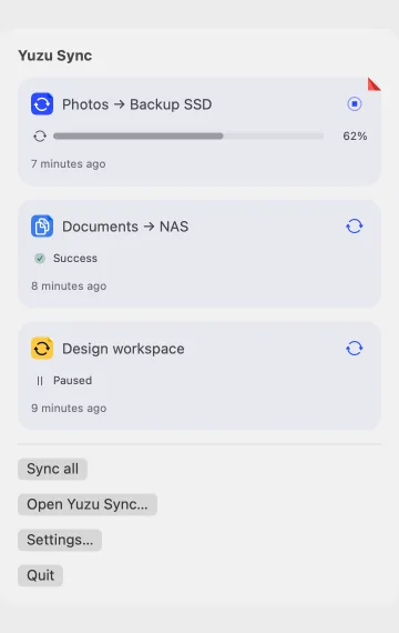 Yuzu Sync menu-bar popover shows an active photo transfer, a Copy job, a paused Two-way job and Sync all.