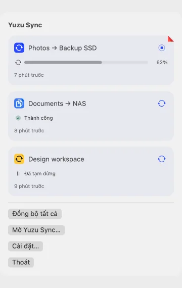 Popover thanh menu Yuzu Sync: job đang truyền ảnh, job Copy, job hai chiều tạm dừng và Đồng bộ tất cả.