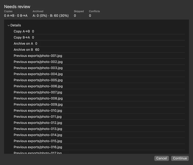 Yuzu Sync review preview lists sixty files to archive before continuing.