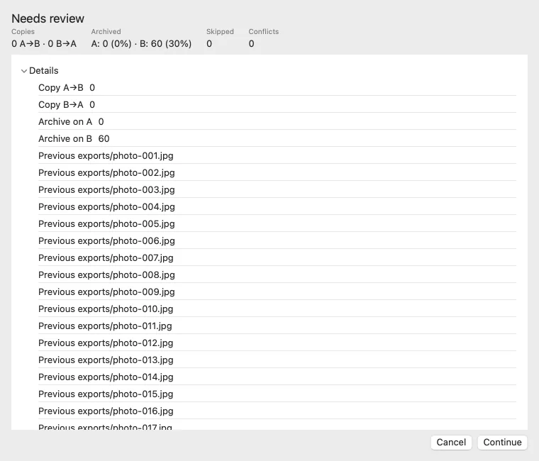 Yuzu Sync review preview lists sixty files to archive before continuing.