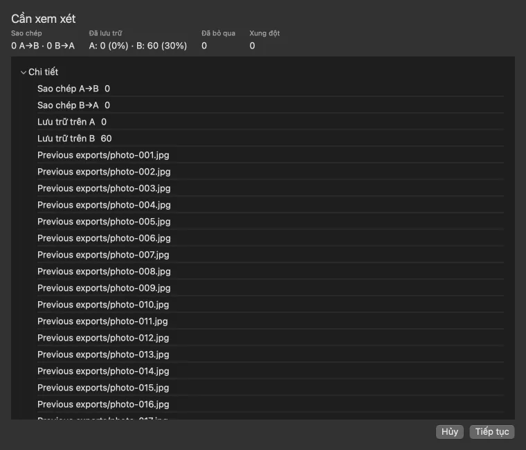Preview cần xem lại của Yuzu Sync: sáu mươi tệp sẽ lưu trữ trước khi tiếp tục.